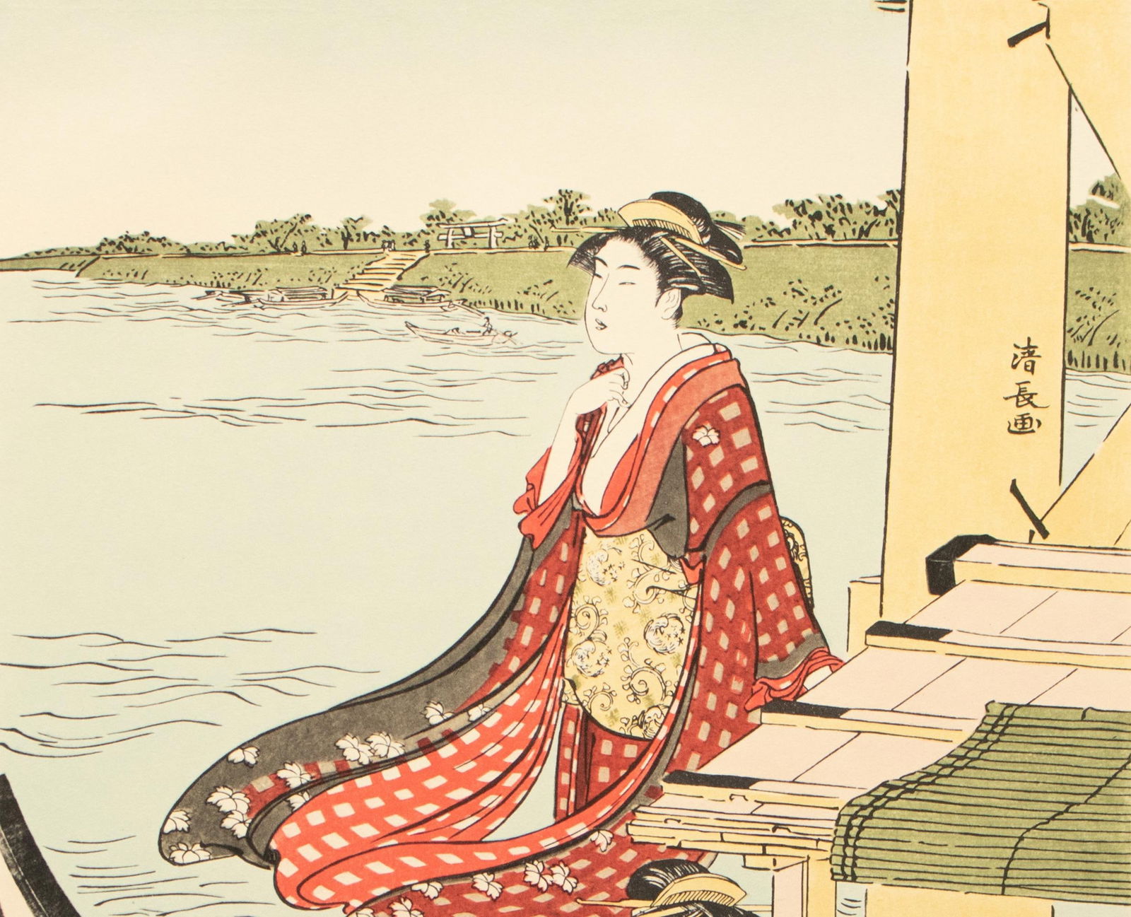 1964 After Kiyonaga "Pleasure Boating Under the Okawa Bridge", Full-Color Print From Japan - 6