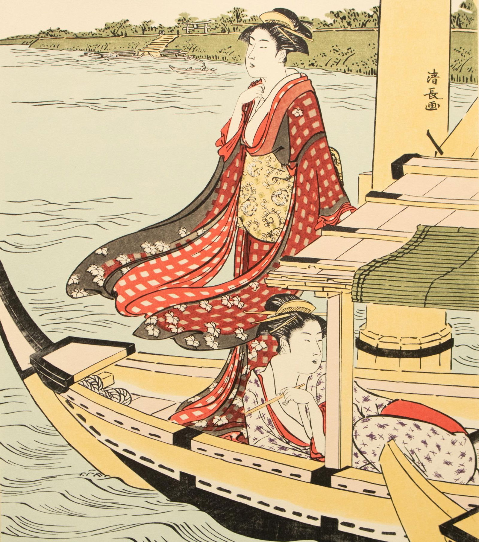 1964 After Kiyonaga "Pleasure Boating Under the Okawa Bridge", Full-Color Print From Japan - 8