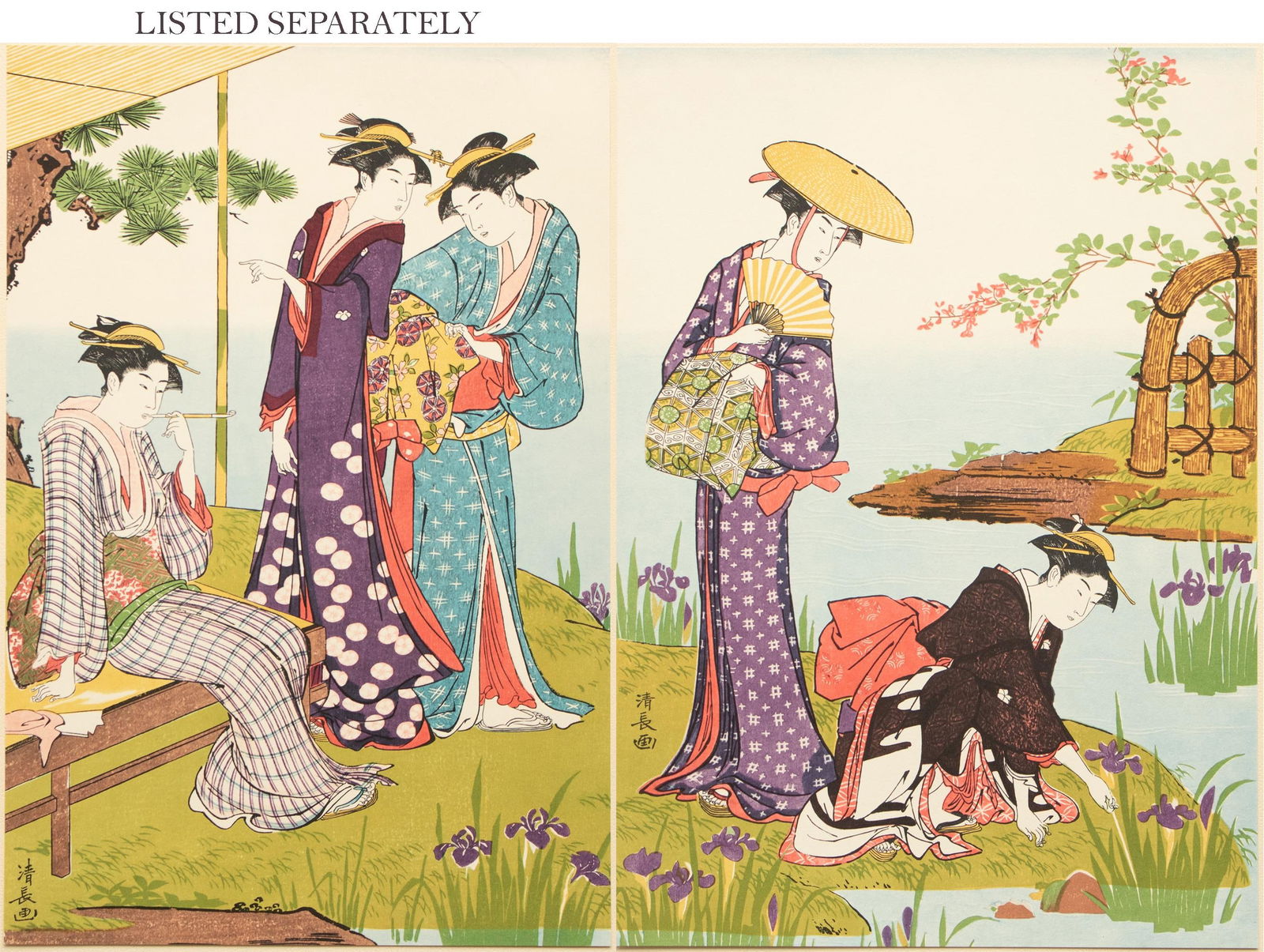 1964 After Kiyonaga "By the Side of a Pond Where Iris Flowers Bloom", Full-Color Print From Japan - 11