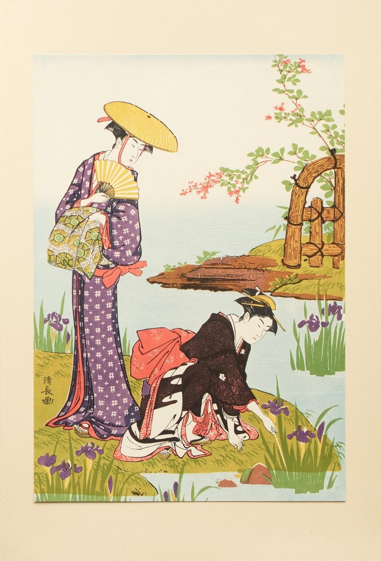 1964 After Kiyonaga "By the Side of a Pond Where Iris Flowers Bloom", Full-Color Print From Japan: A stunning large full-color Ukiyo-E Hanga print after original woodblock print "By the Side of a Pond Where Iris Flowers Bloom", a part of Diptych, by Kiyonaga (1752-1815). Comes from a rare
