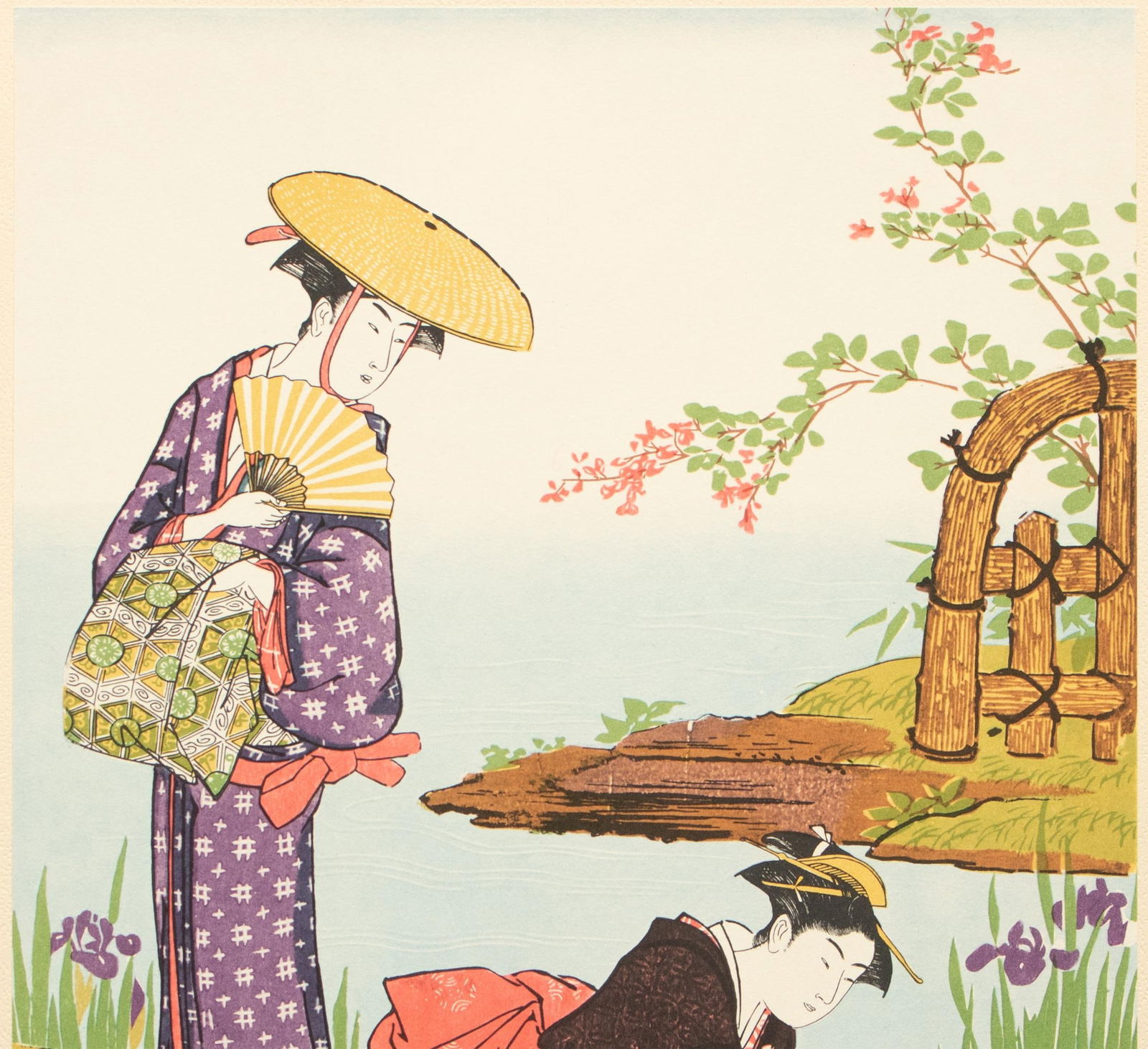 1964 After Kiyonaga "By the Side of a Pond Where Iris Flowers Bloom", Full-Color Print From Japan - 3