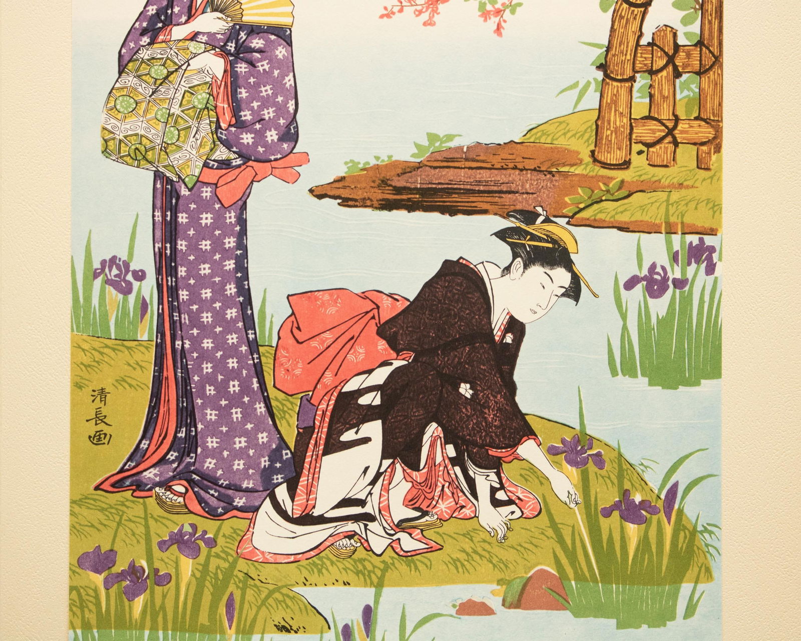 1964 After Kiyonaga "By the Side of a Pond Where Iris Flowers Bloom", Full-Color Print From Japan - 5