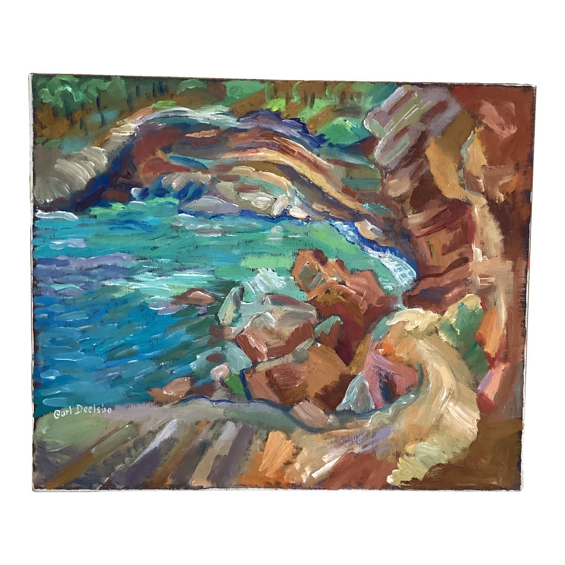Scenic Water Painting by Carl Deelsbo: A gorgeous scenic painting of water and landscape by Swedish Mid-Century artist Carl Deelsbo. This painting on Masonite board is ready for an updated frame or could be easily placed on a shelf as