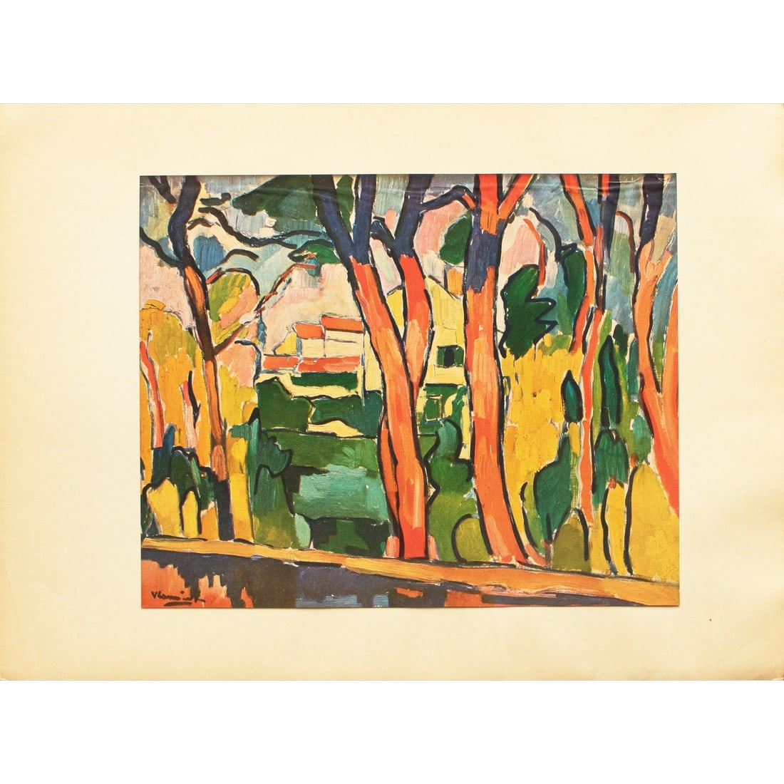 1940s After Maurice De Vlaminck, "The Red Trees", Period Swiss Offset Lithograph: A stunning vintage period offset lithograph, print, after painting "Les Arbres Rouges" (The Red Trees) by Maurice De Vlaminck. Published by Albert Skira in Geneva, Switzerland, in the 1940s. Printed