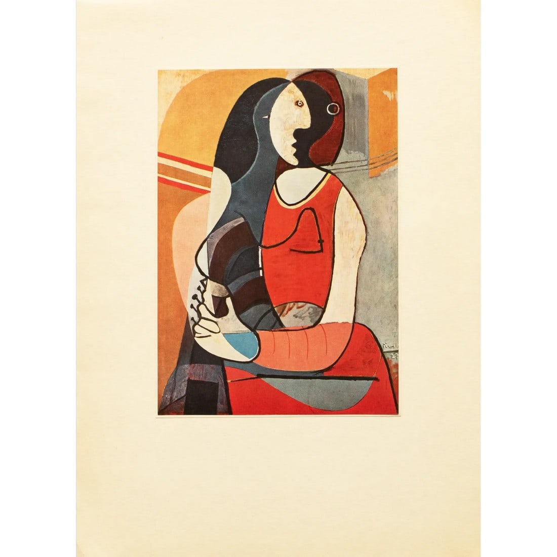 1960s After Pablo Picasso, "Seated Woman" Period Full-Color Print: A stunning vintage period full-color print after Cubist painting "Seated Woman" (Femme Assise, 1937) by Pablo Picasso. Printed on one side. Hand tipped-in on a board of heavy paper, then mounted on a