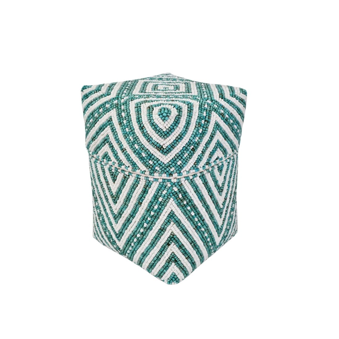 Vintage Turquoise & White Beaded Bamboo Box Small: Beautiful vintage hand beaded accessory box made from woven bamboo and intricately covered with geometric triangle patterns. Very attractive and useful to store small objects. Various sizes available