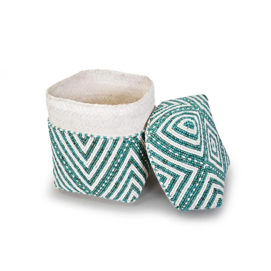 Vintage Turquoise & White Beaded Bamboo Box Small - 2