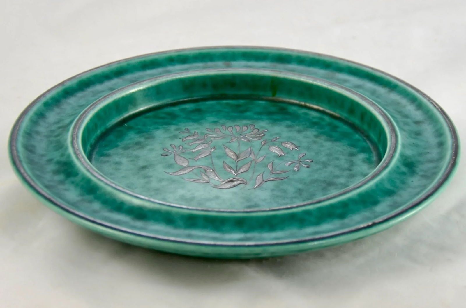 1930 Aqua Floral Sterling Gustavsberg Argenta Plate - 2