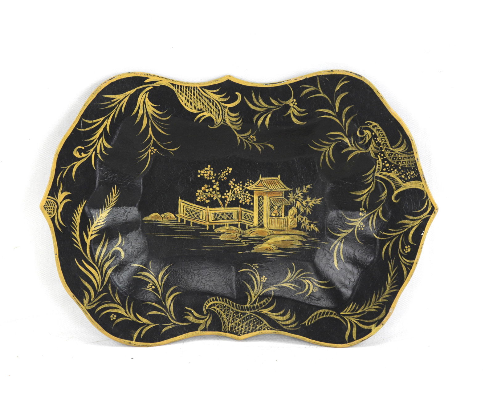Vintage Iron Black Gilt Hand Painted Chinoiseries Tray - 2