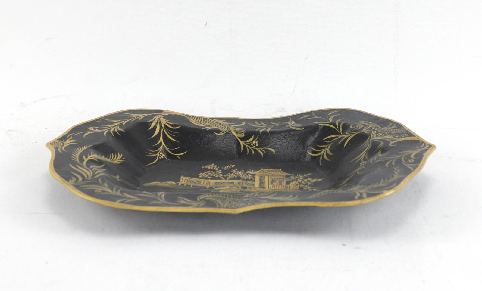 Vintage Iron Black Gilt Hand Painted Chinoiseries Tray - 3
