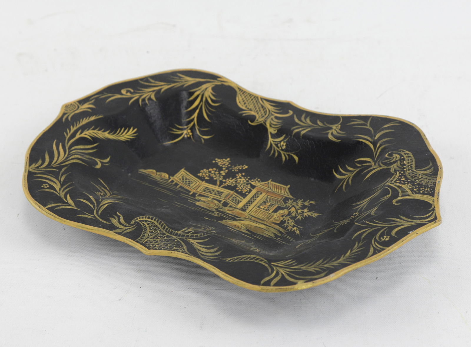 Vintage Iron Black Gilt Hand Painted Chinoiseries Tray - 7