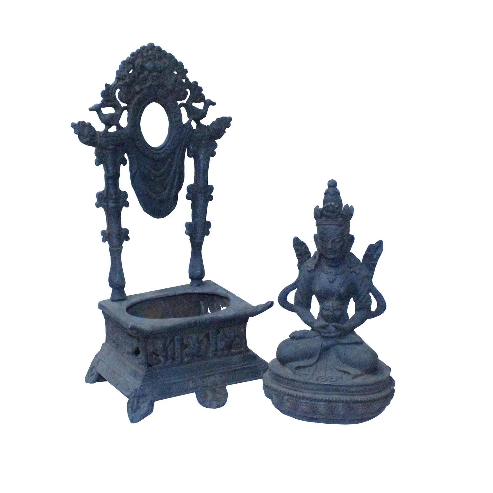 Vintage Iron Metal Finish Rustic Kwan Yin on Pedestal Statue - 6