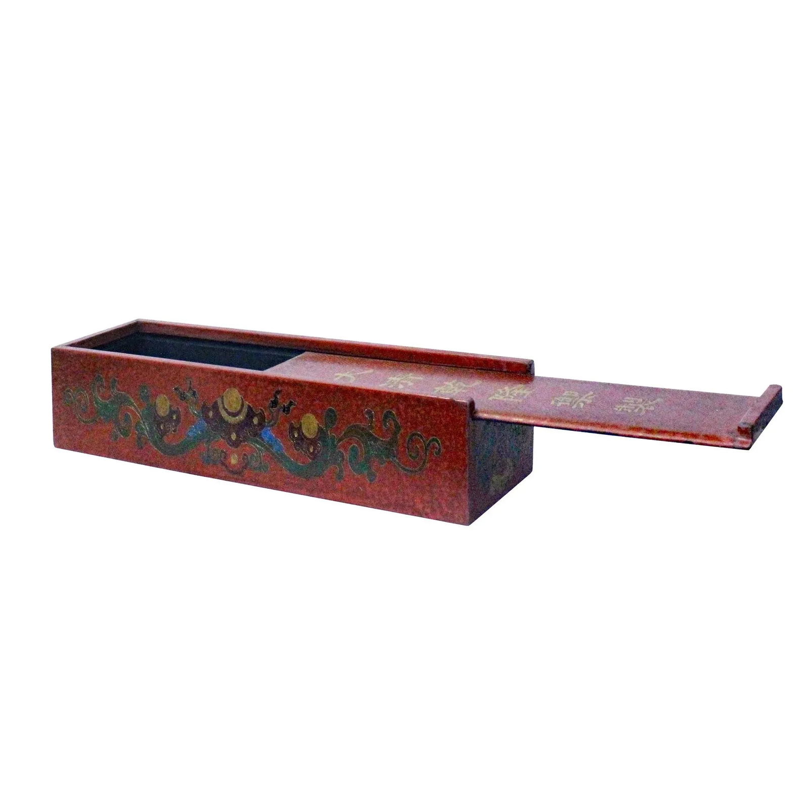 Chinese Distressed Red Lacquer Chinoiserie Long Rectangular Treasure Box - 3
