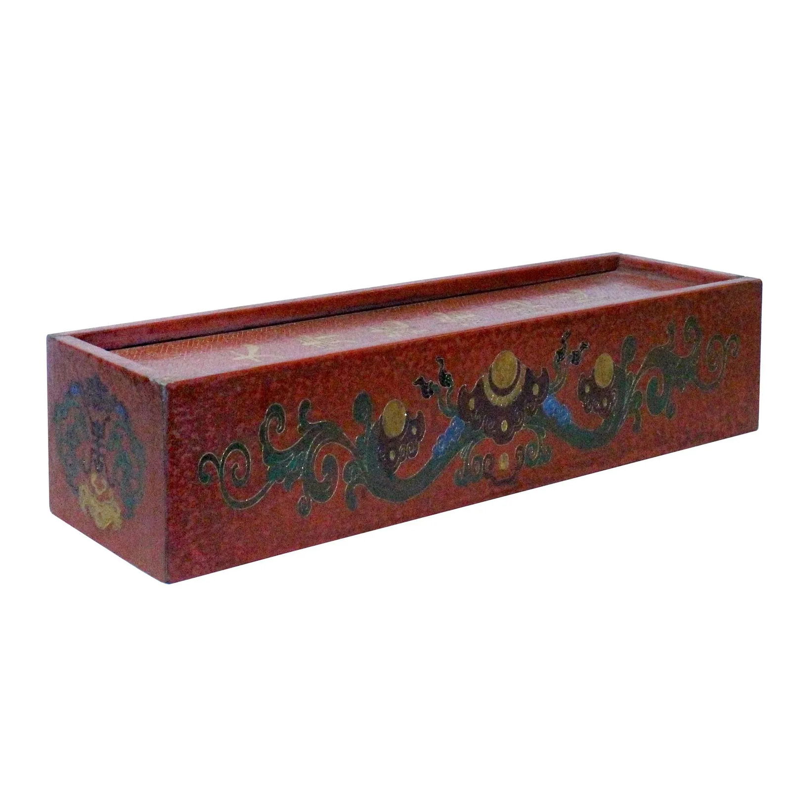 Chinese Distressed Red Lacquer Chinoiserie Long Rectangular Treasure Box - 4