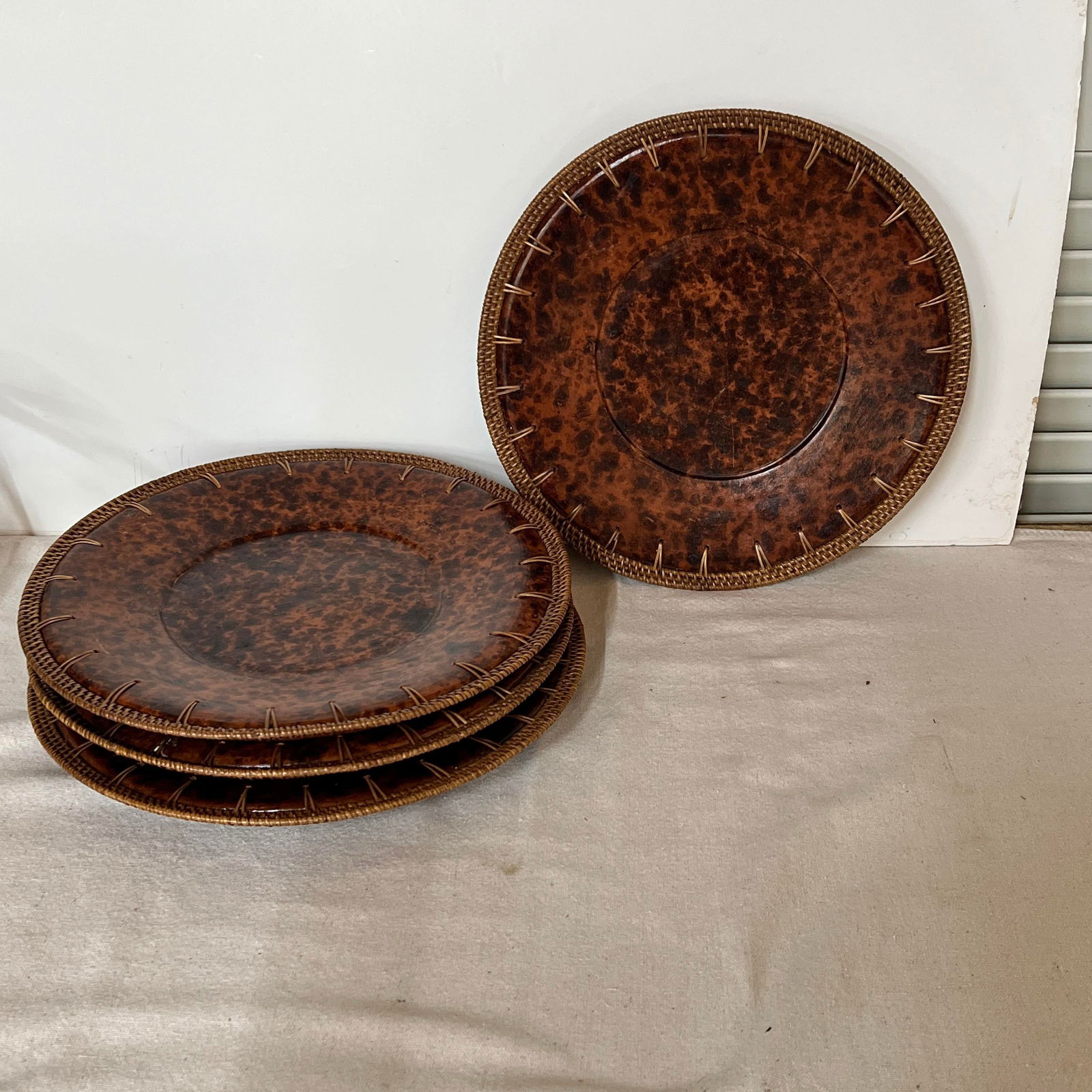 Vintage Faux Tortoise Shell Plate Chargers With Wicker Rim - Set of 4 - 2