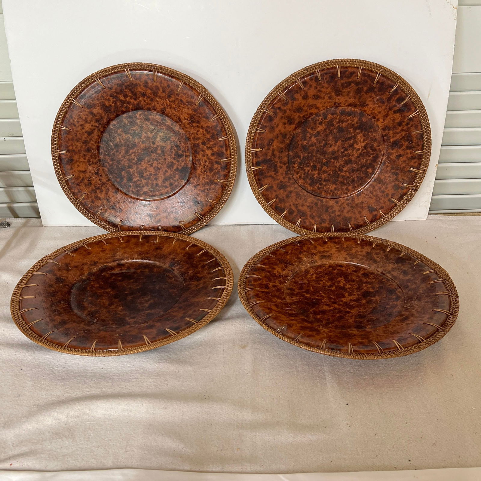 Vintage Faux Tortoise Shell Plate Chargers With Wicker Rim - Set of 4 - 3