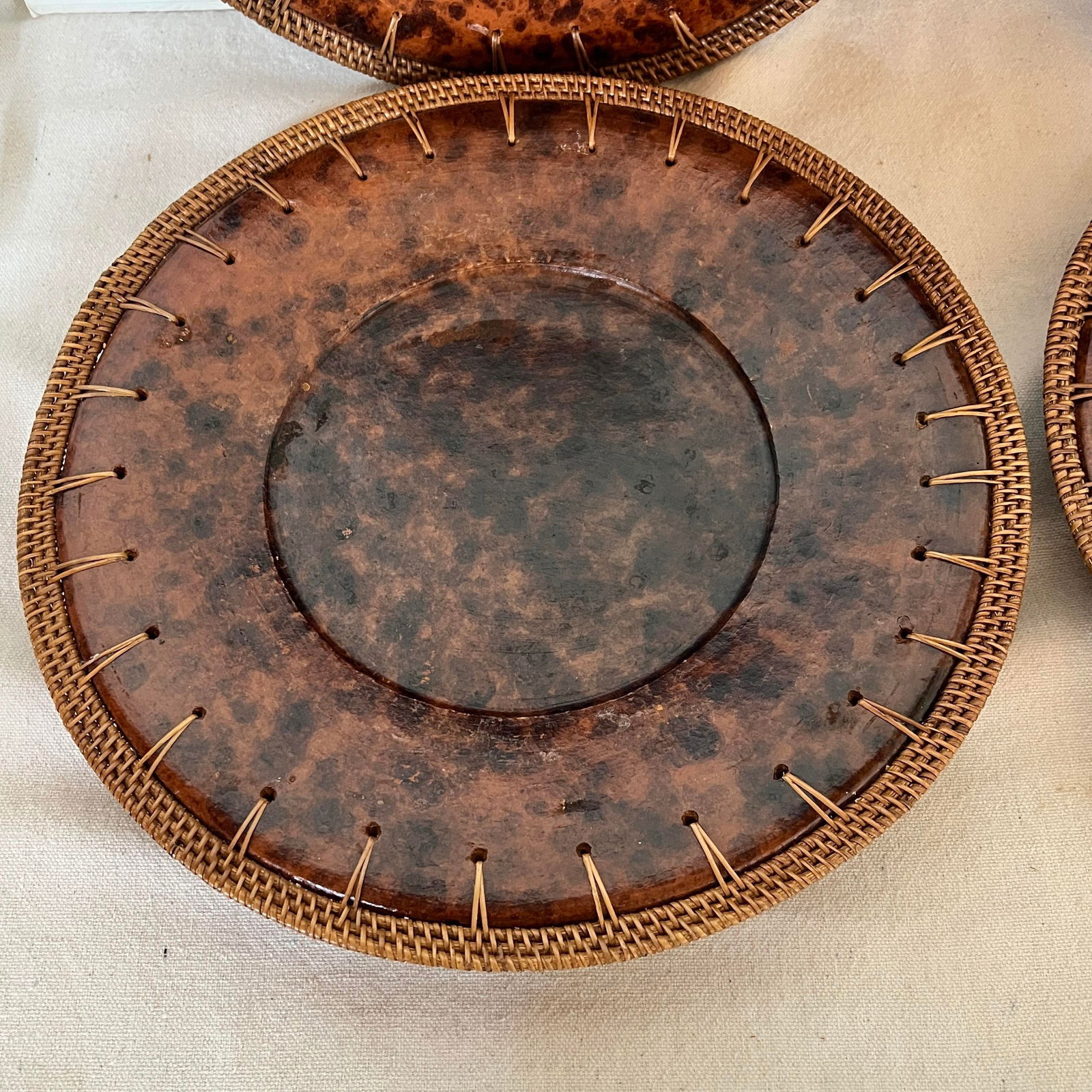 Vintage Faux Tortoise Shell Plate Chargers With Wicker Rim - Set of 4 - 4