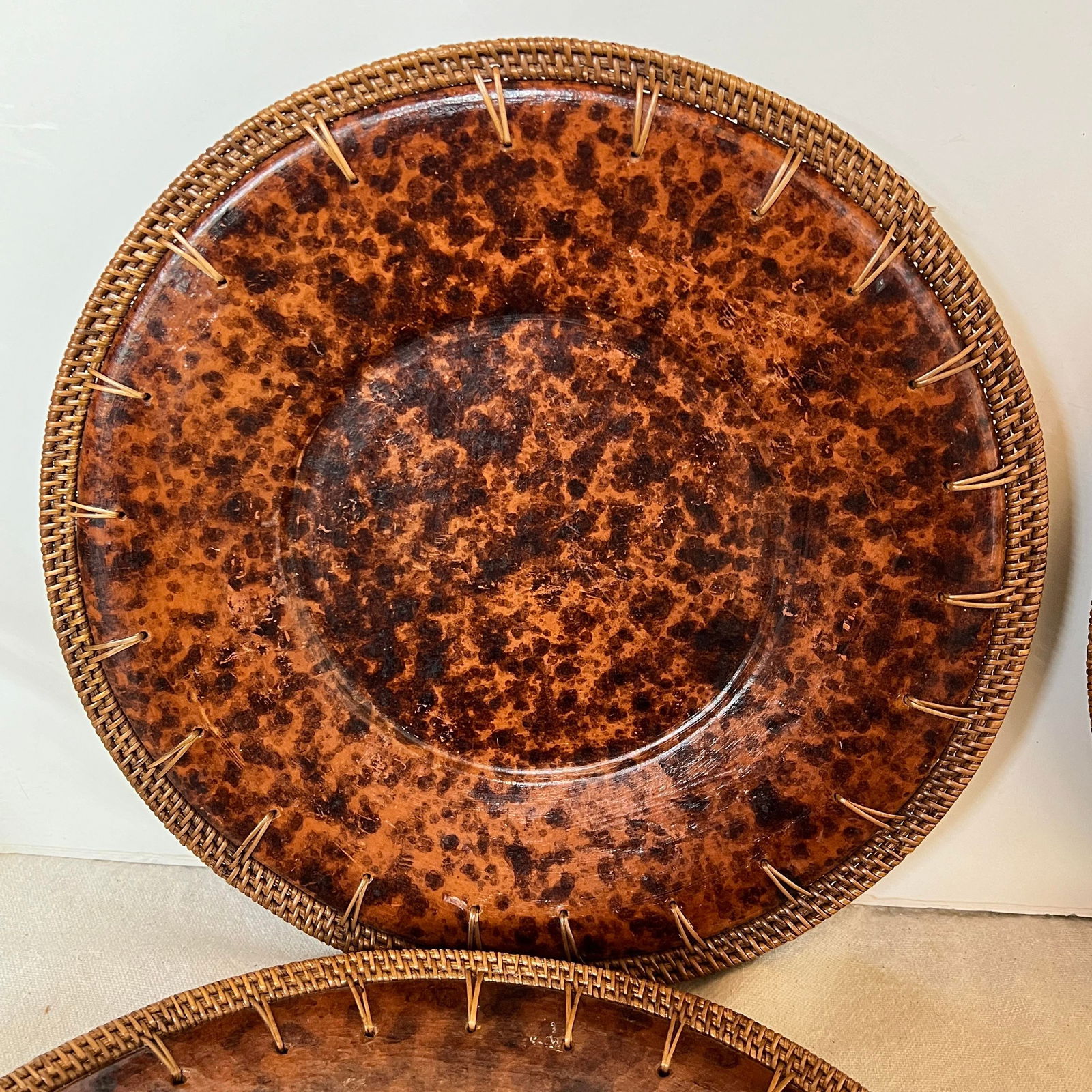 Vintage Faux Tortoise Shell Plate Chargers With Wicker Rim - Set of 4 - 5