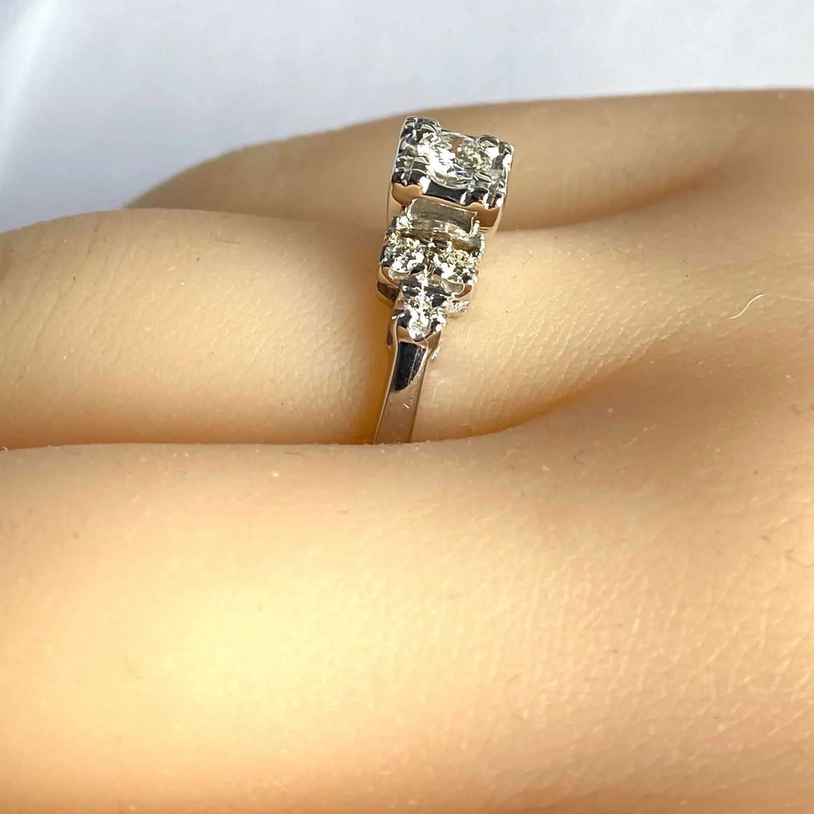 Vintage Mid-Century Diamond Cocktail Ring in 14k White Gold Size 6.5 - 10