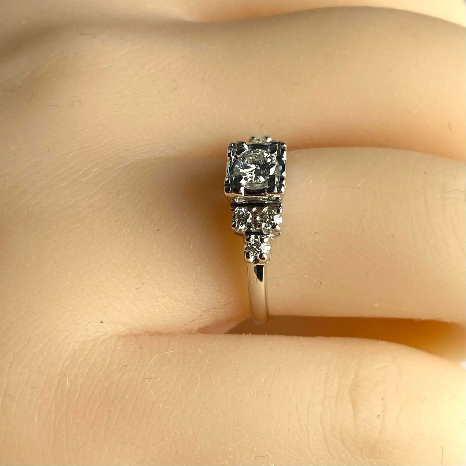 Vintage Mid-Century Diamond Cocktail Ring in 14k White Gold Size 6.5 - 4