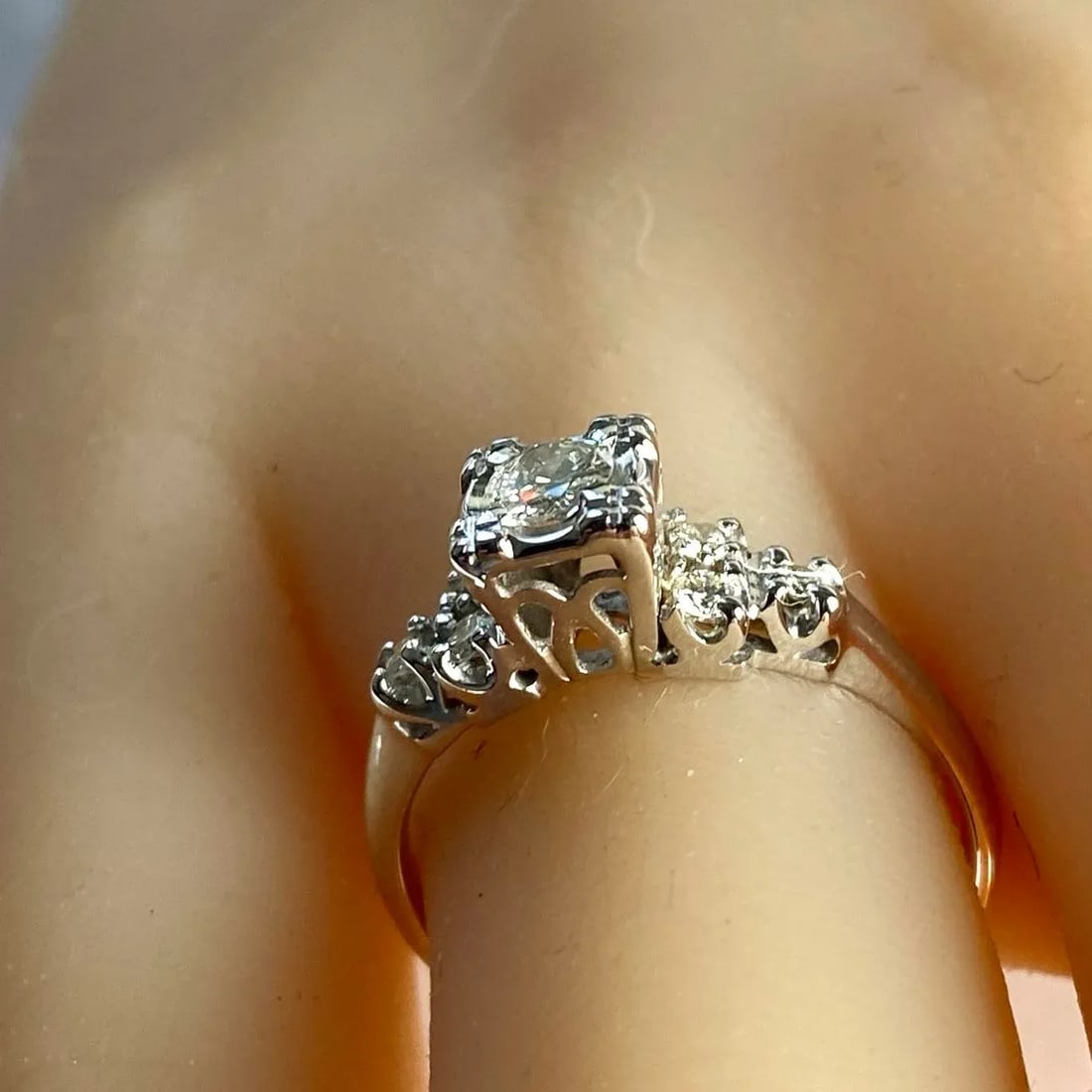 Vintage Mid-Century Diamond Cocktail Ring in 14k White Gold Size 6.5 - 7