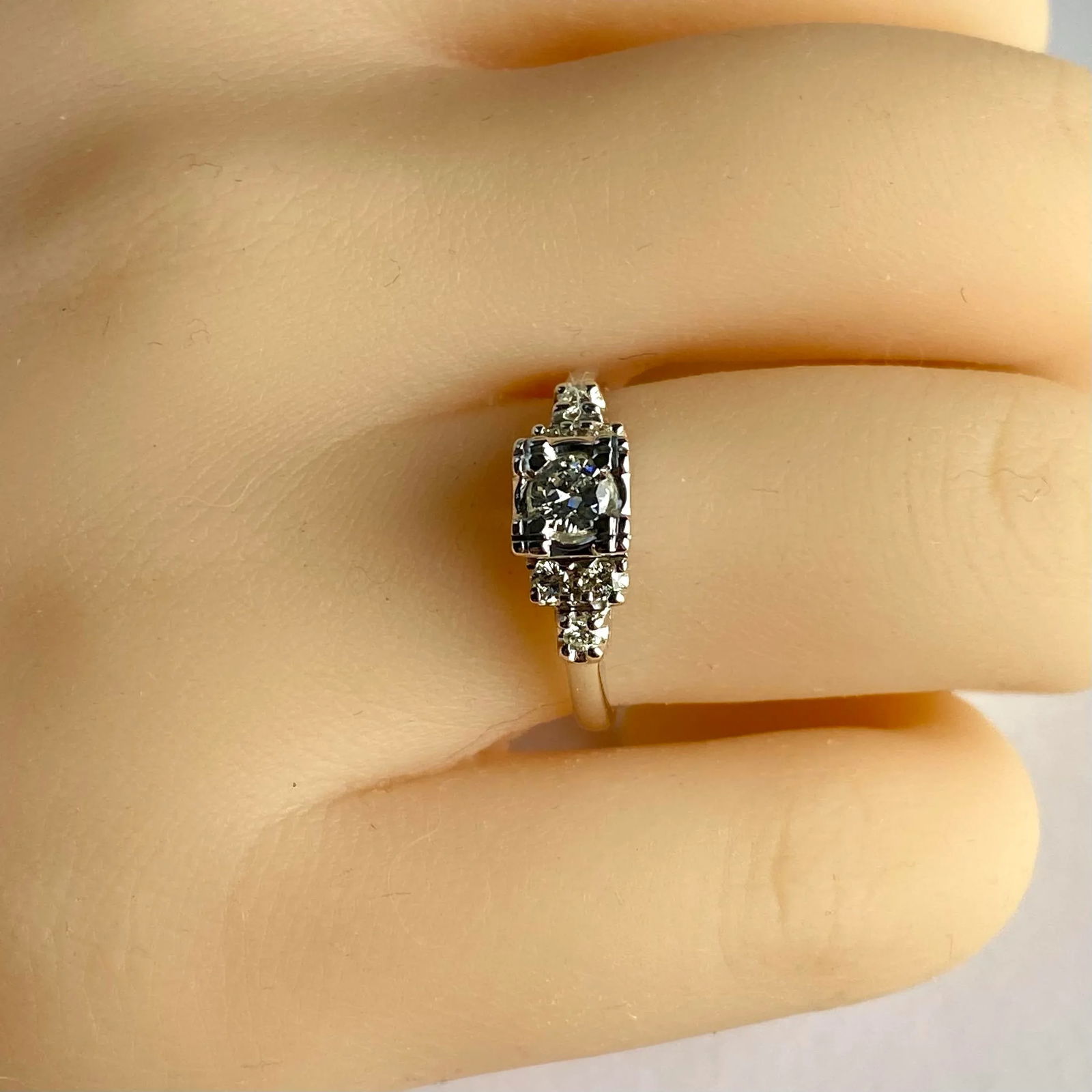 Vintage Mid-Century Diamond Cocktail Ring in 14k White Gold Size 6.5 - 8