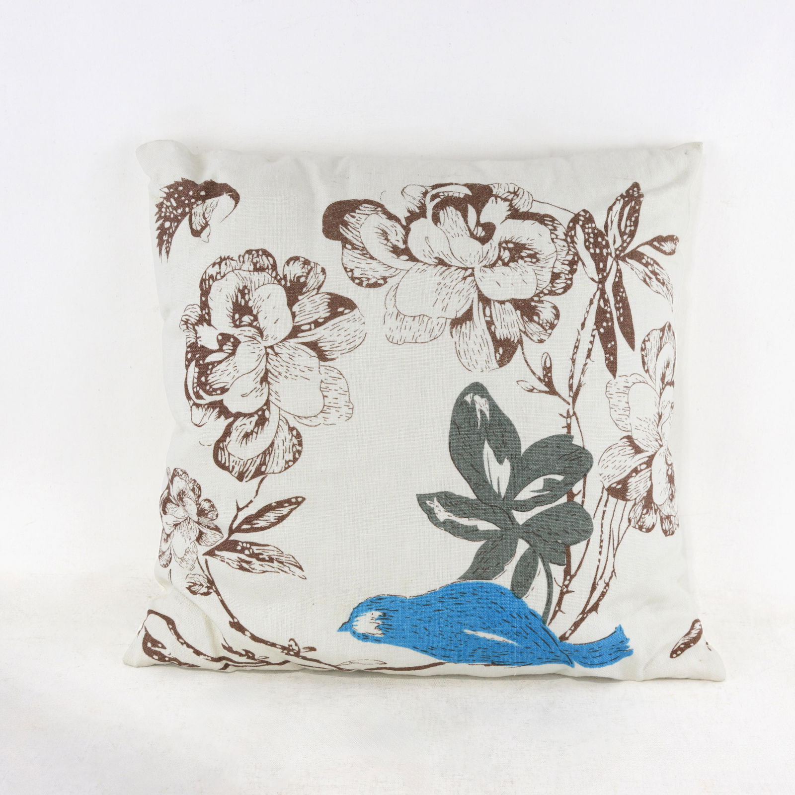 Floral and Bird Print Pillow in Neutral and Blue Accents - 11