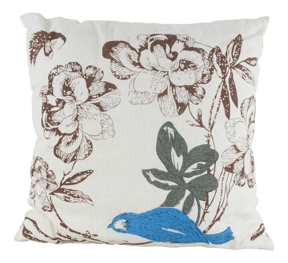 Floral and Bird Print Pillow in Neutral and Blue Accents: This charming pillow combines a soft floral print with a pop of color, featuring a blue bird nestled among delicate botanical illustrations. Ideal for adding a whimsical yet refined touch to your