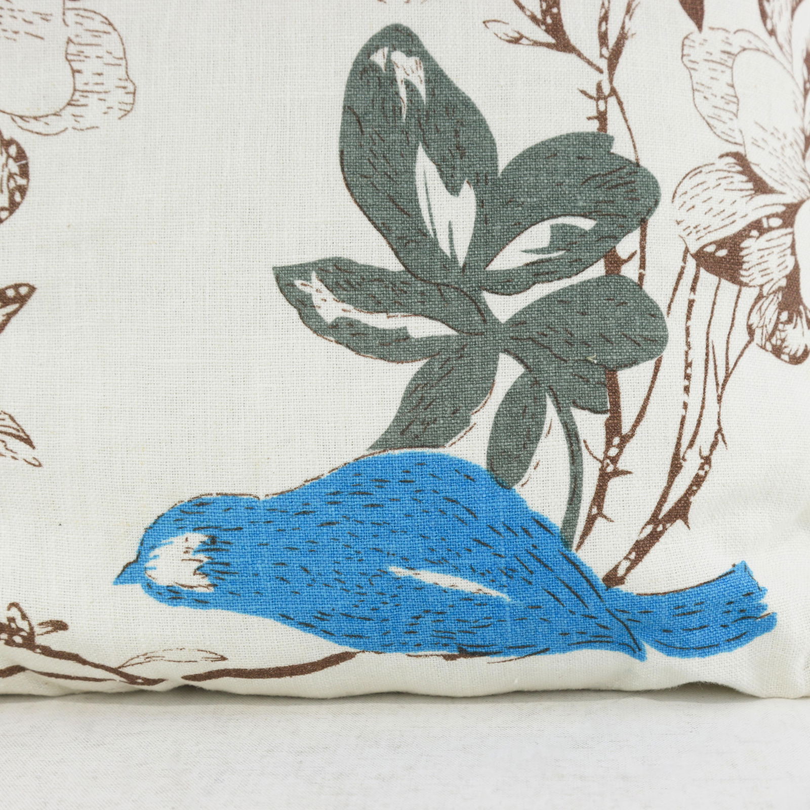 Floral and Bird Print Pillow in Neutral and Blue Accents - 6