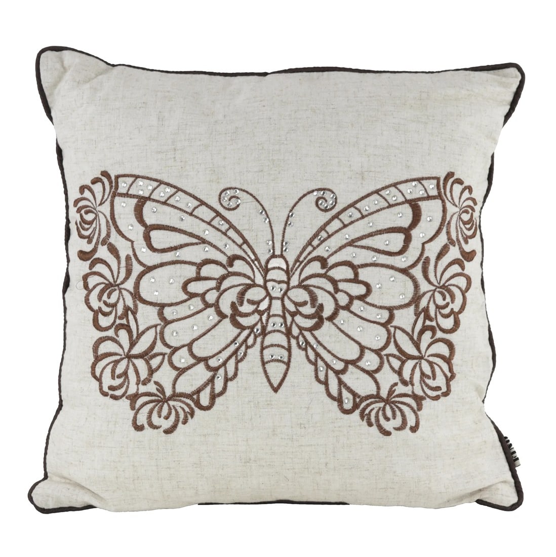 Elegant Embroidered Butterfly and Floral Pillow: Beautifully crafted with a sophisticated embroidered butterfly and delicate floral patterns, this pillow exudes elegance and warmth. Its neutral tones and intricate detailing make it a versatile