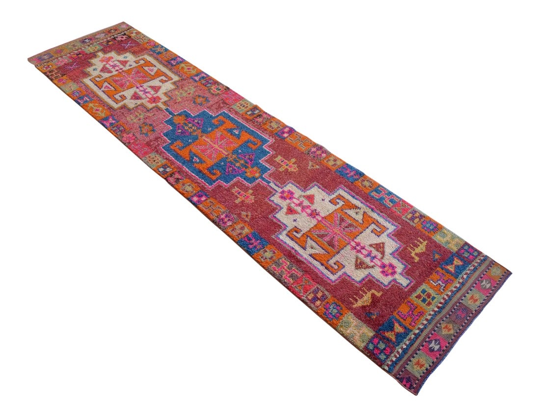 Colorful Kurdish Runner Rug Herki . Tribal Hand-Knotted Short Runner Rug - 2"²11"³ Ã: Offered is a Kurdish runner rug, made in Anatolia approximately 40-50 years ago. The beautiful wool on wool pile features multicolored large geometric patterns on a wavy old brick background Colors: o