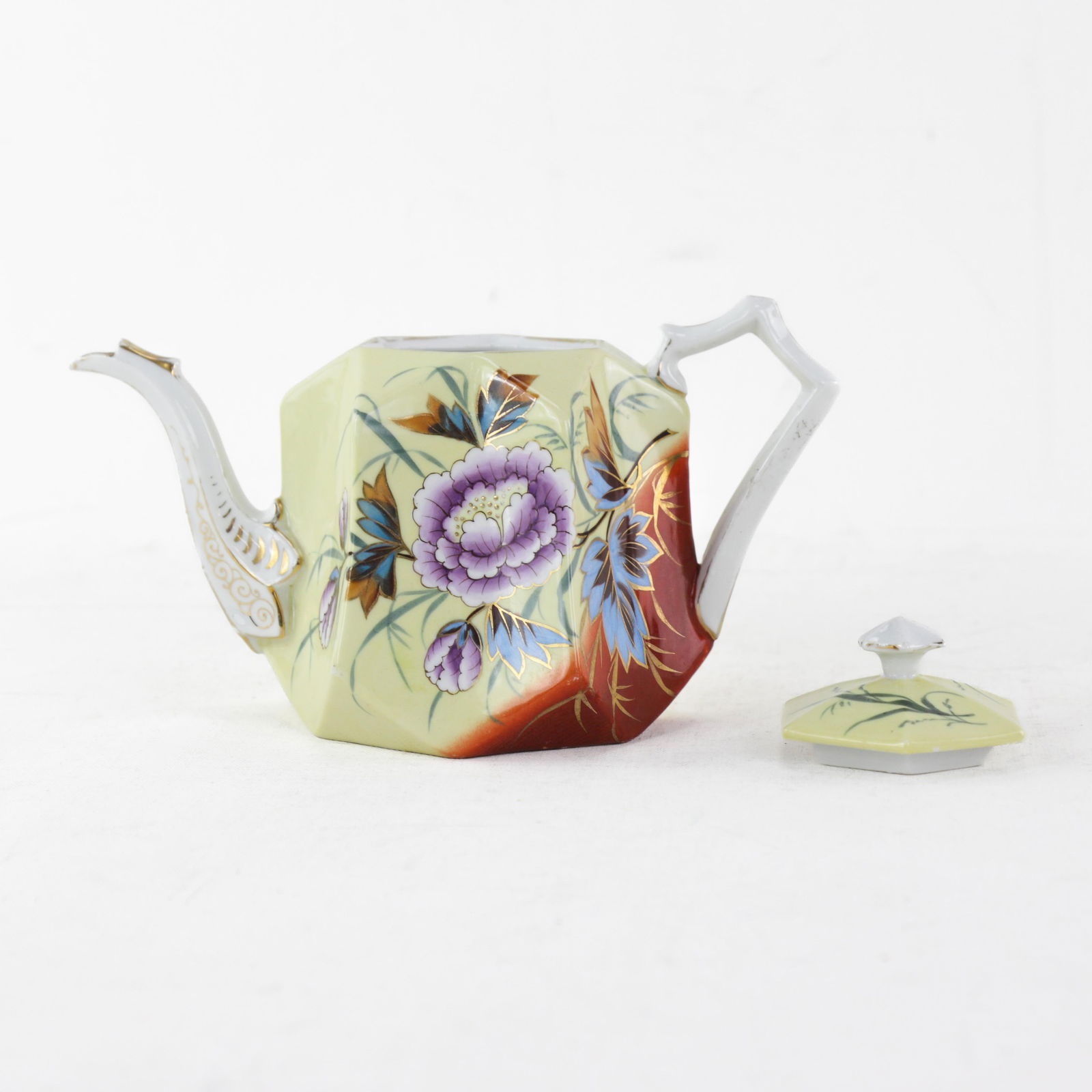 Antique Hand-Painted Porcelain Teapot With Floral Design "“ Elegant Pastel Yellow and Red - 2