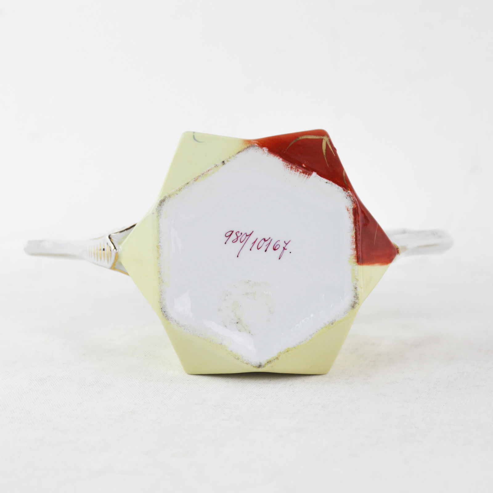 Antique Hand-Painted Porcelain Teapot With Floral Design "“ Elegant Pastel Yellow and Red - 5