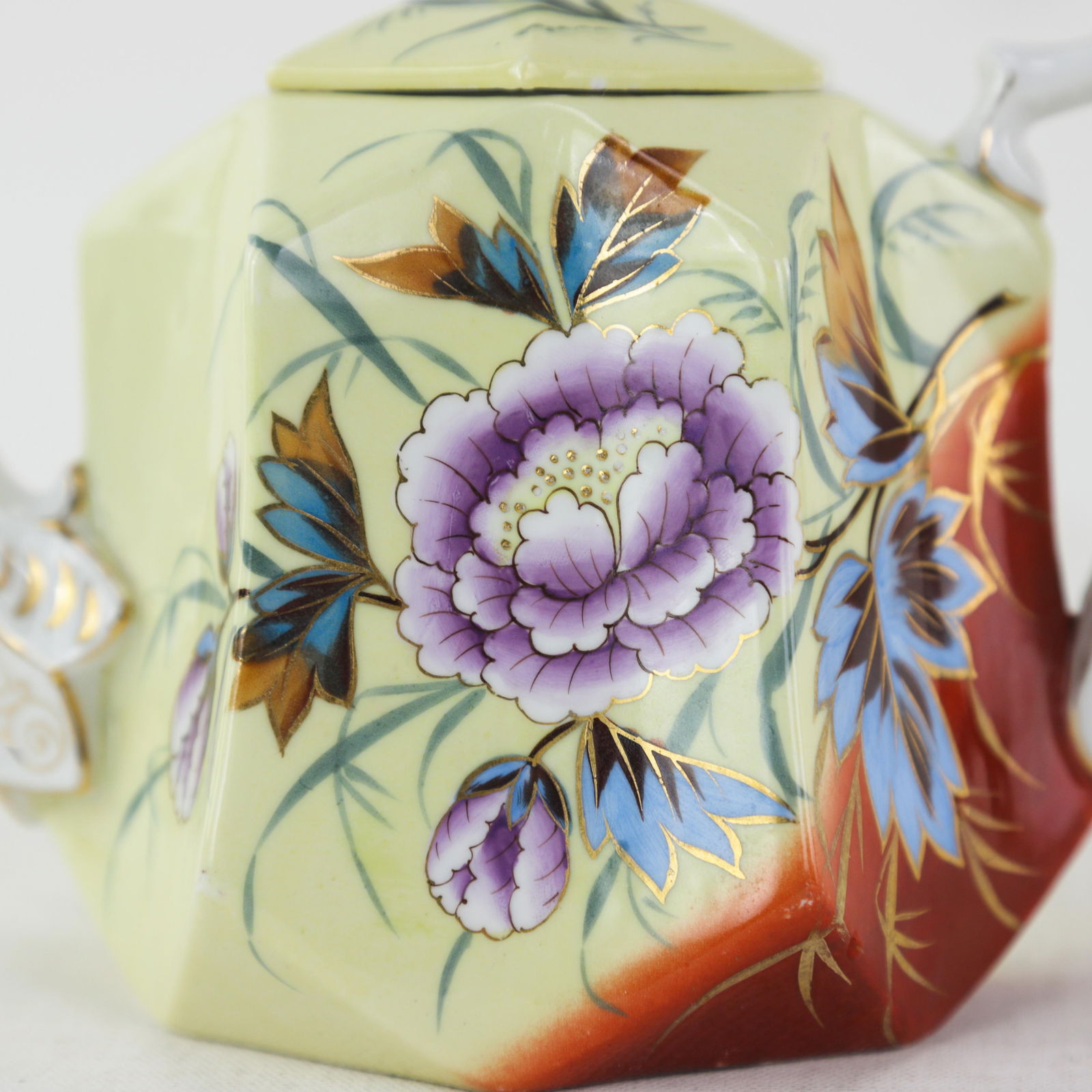 Antique Hand-Painted Porcelain Teapot With Floral Design "“ Elegant Pastel Yellow and Red - 8