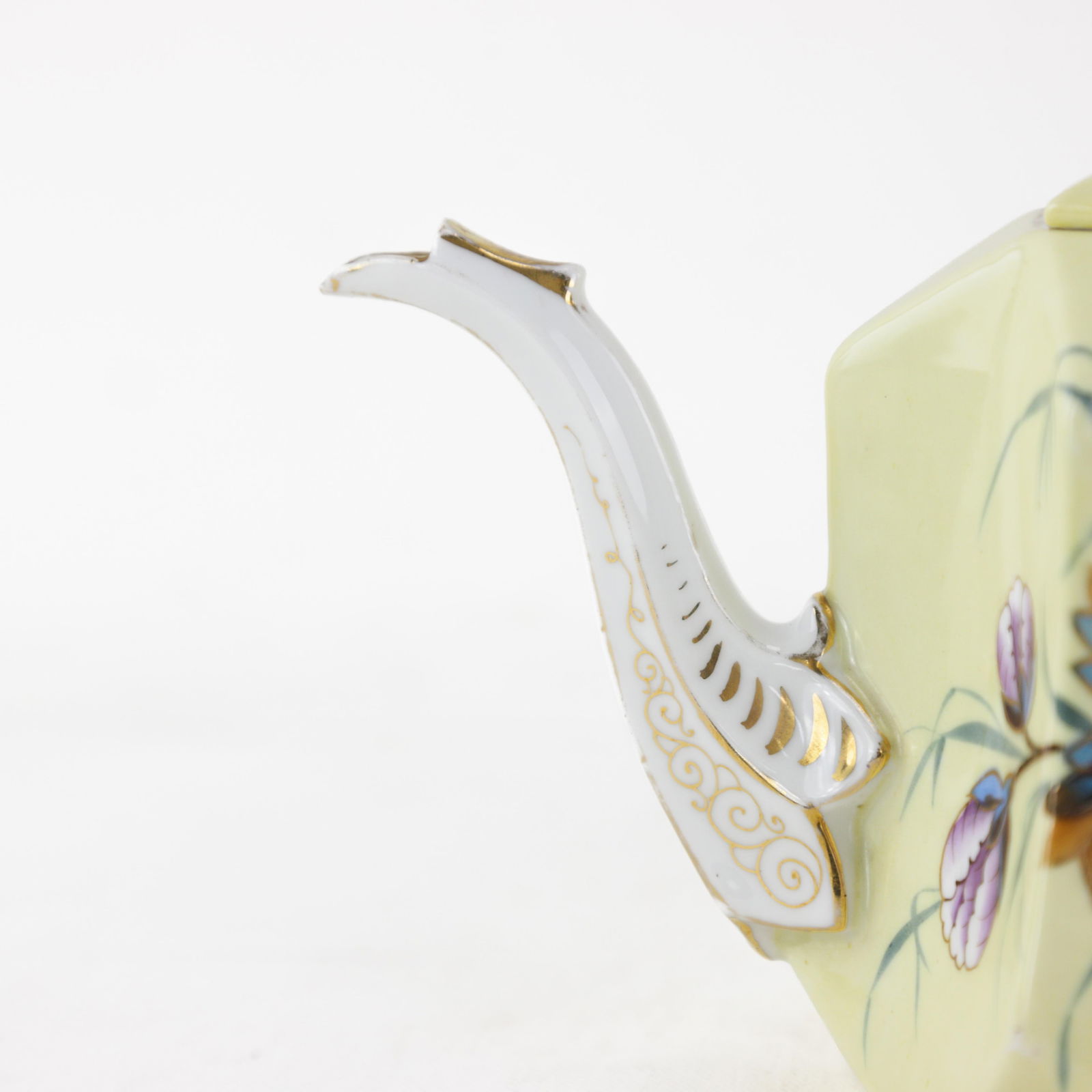 Antique Hand-Painted Porcelain Teapot With Floral Design "“ Elegant Pastel Yellow and Red - 9