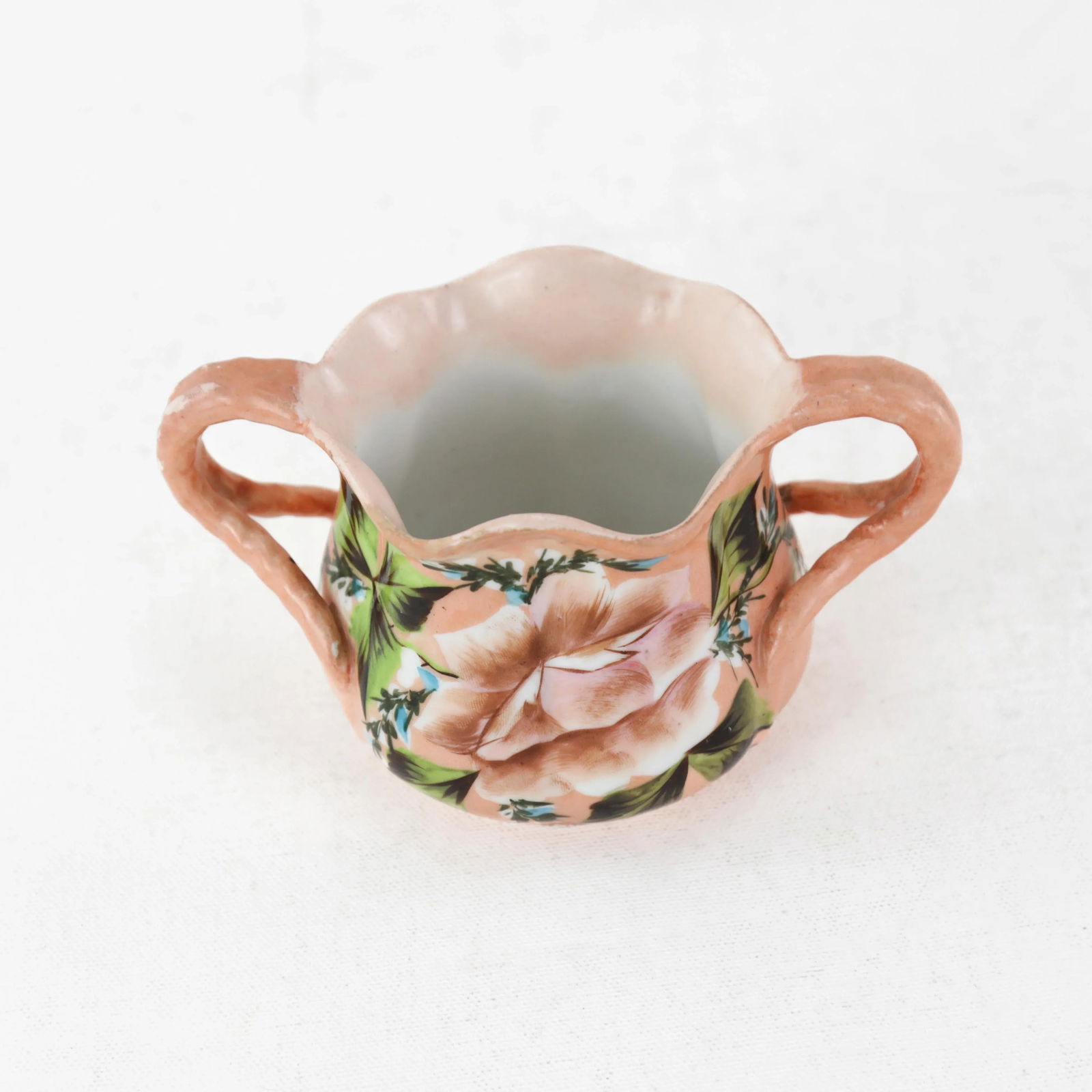 Vintage Peach Porcelain Dual-Handle Floral Mug| Antique Decorative Container - 2