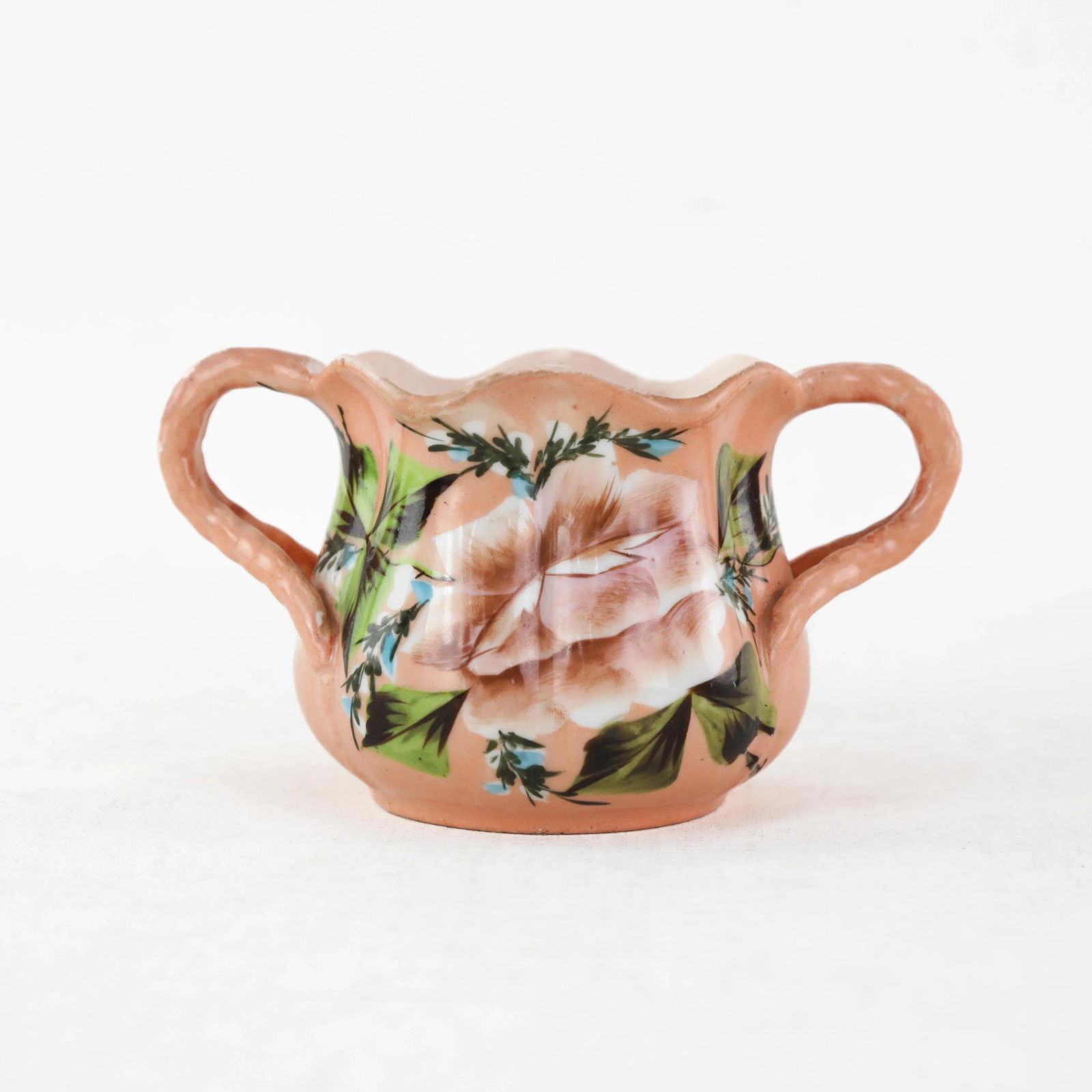 Vintage Peach Porcelain Dual-Handle Floral Mug| Antique Decorative Container - 9