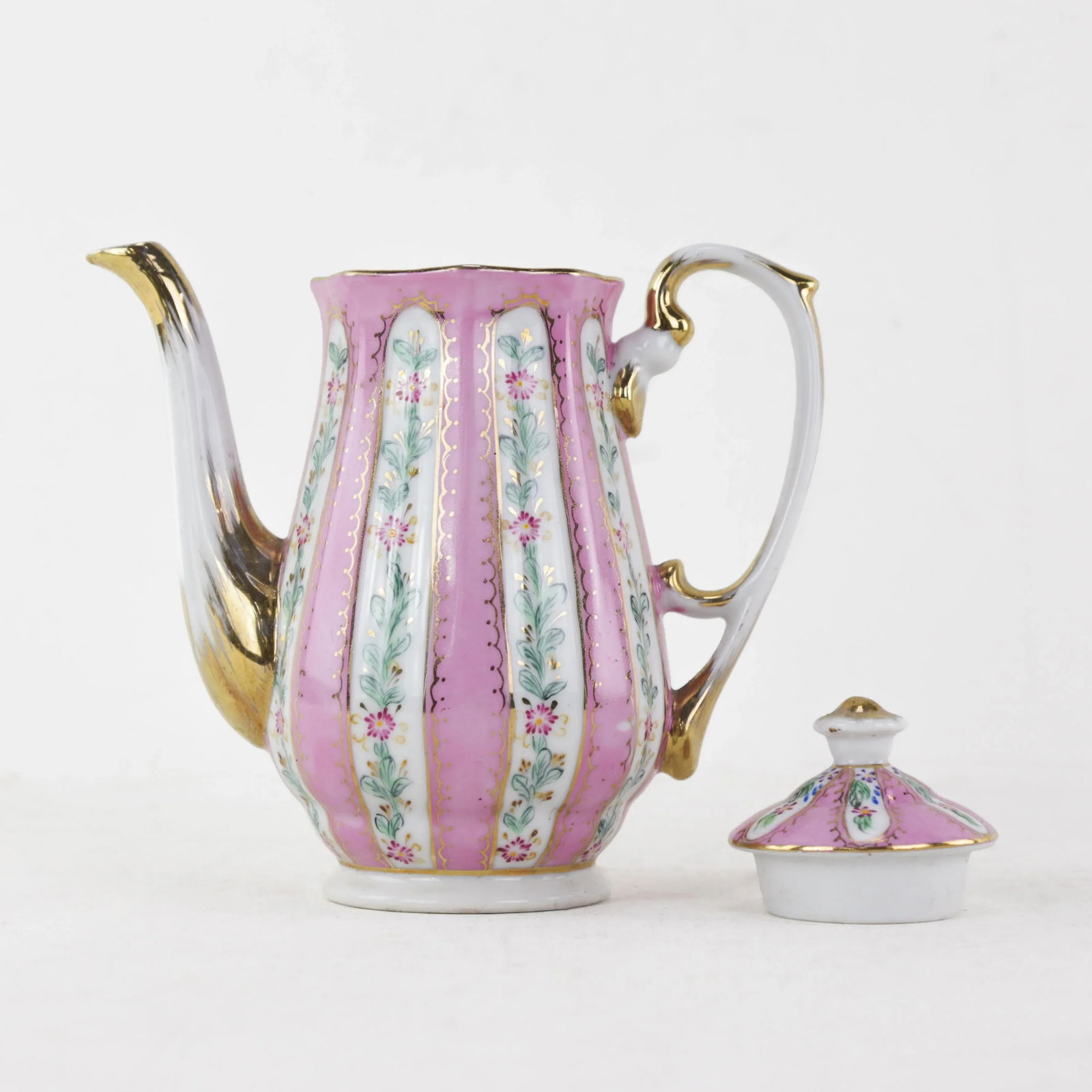 Antique Pink Porcelain Teapot With Gold Accents and Floral Pattern - 2