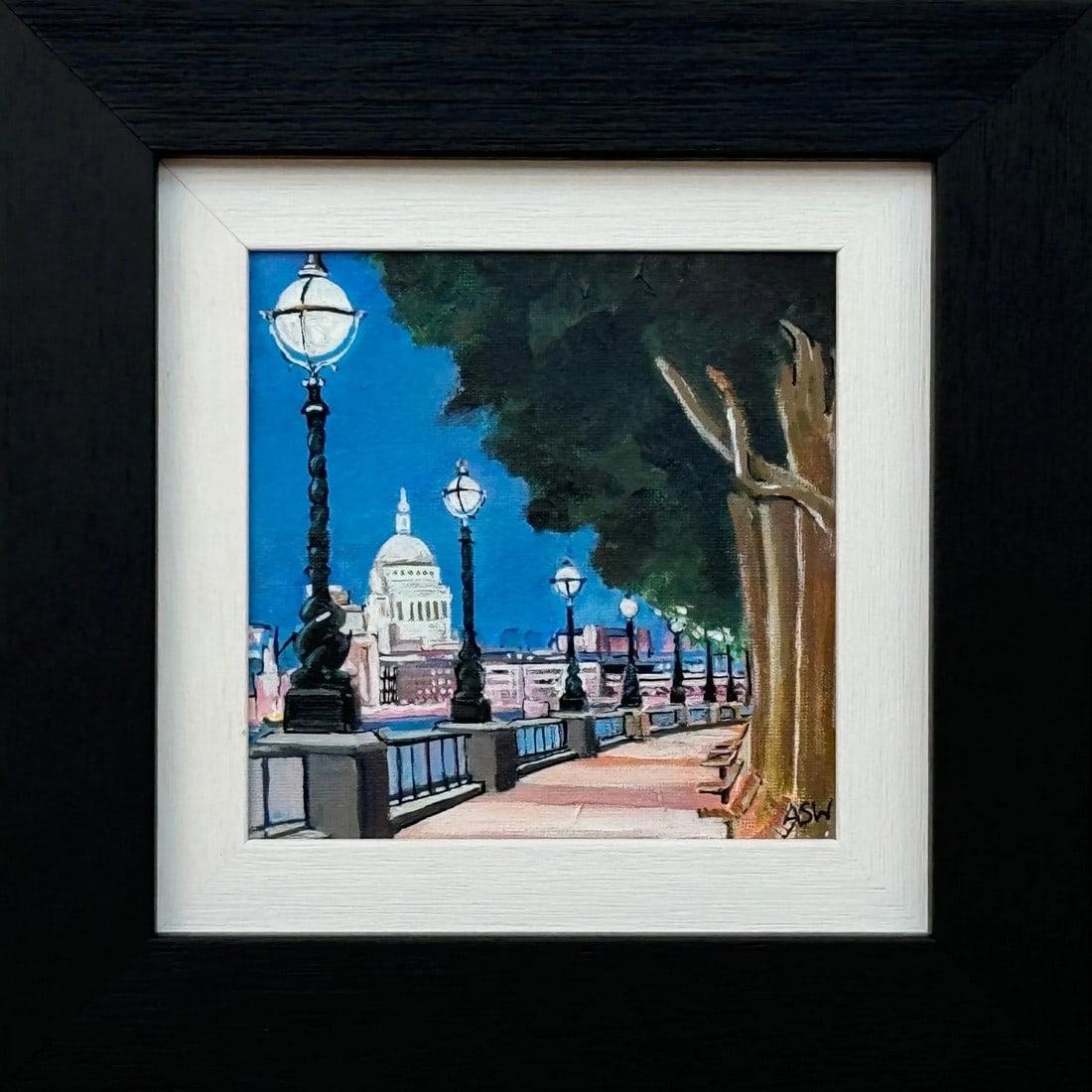 Angela Wakefield, Miniature Painting of Victoria Embankment London & St Pauls Cathedral at Night 2,: Miniature Painting of Victoria Embankment London & St Pauls Cathedral at Night 2 - a unique original from leading Contemporary Cityscape Artist, Angela Wakefield. Part of the London Collection. Art