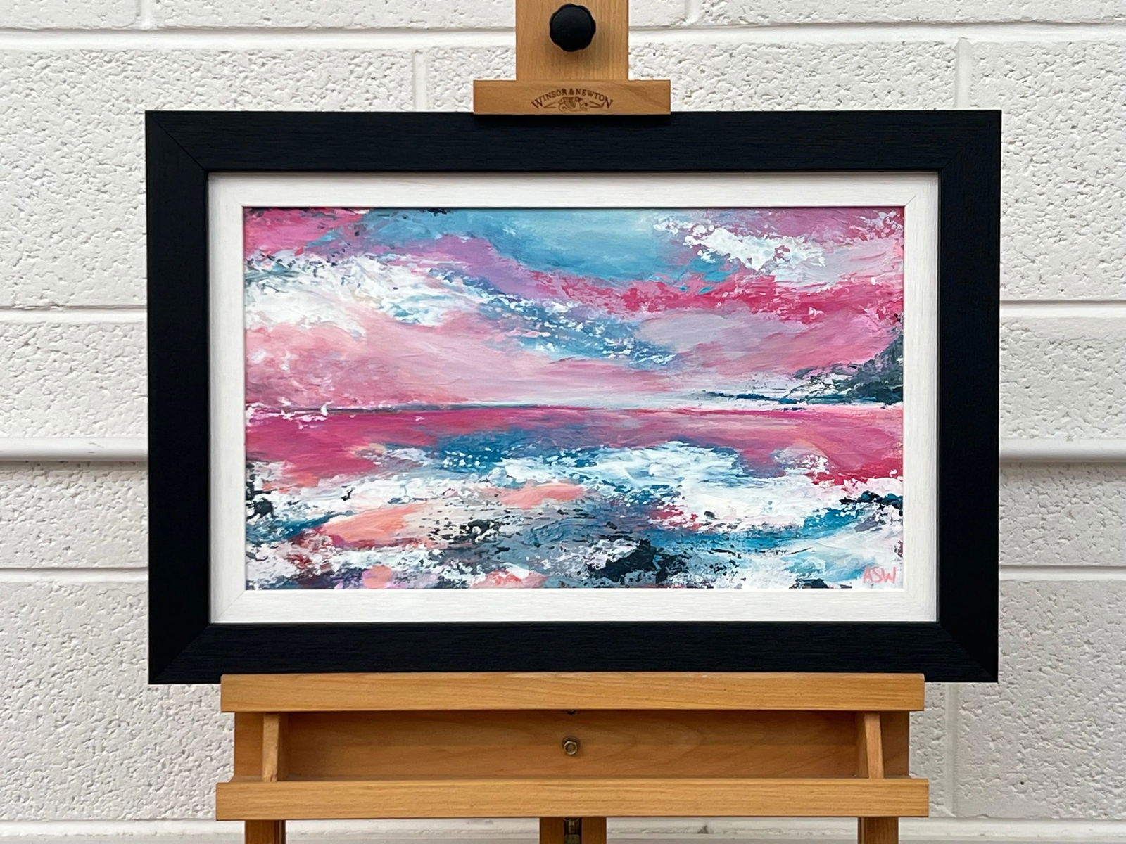 Abstract Landscape Seascape Painting With Pink & Blue Sky by British Artist - 4