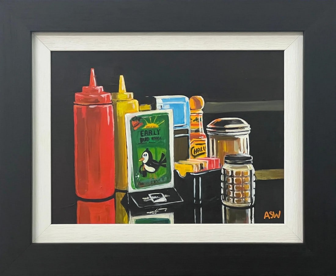 Americana Still Life Painting of American Diner Table Condiments & Sauces Art, 2017, Framed: Americana Still Life Painting of American Diner Table Condiments & Sauces Art by Leading British Urban Painter, Angela Wakefield Art measures 12 x 9 inches Frame measures 17 x 14 inches Angela