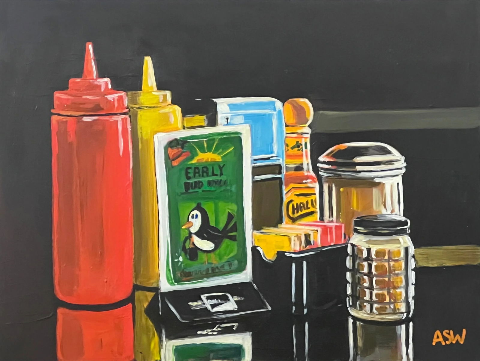 Americana Still Life Painting of American Diner Table Condiments & Sauces Art, 2017, Framed - 5