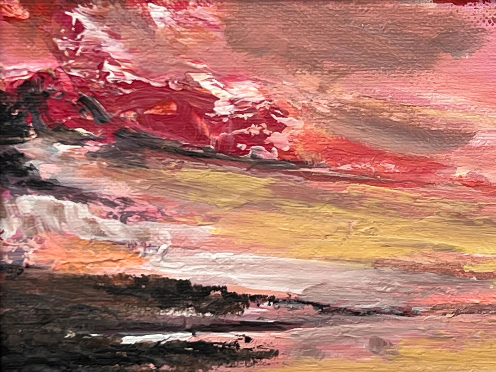 Impasto Abstract Landscape Seascape Framed Painting With Pink Red Black & Golden Yellow, 2024 - 10
