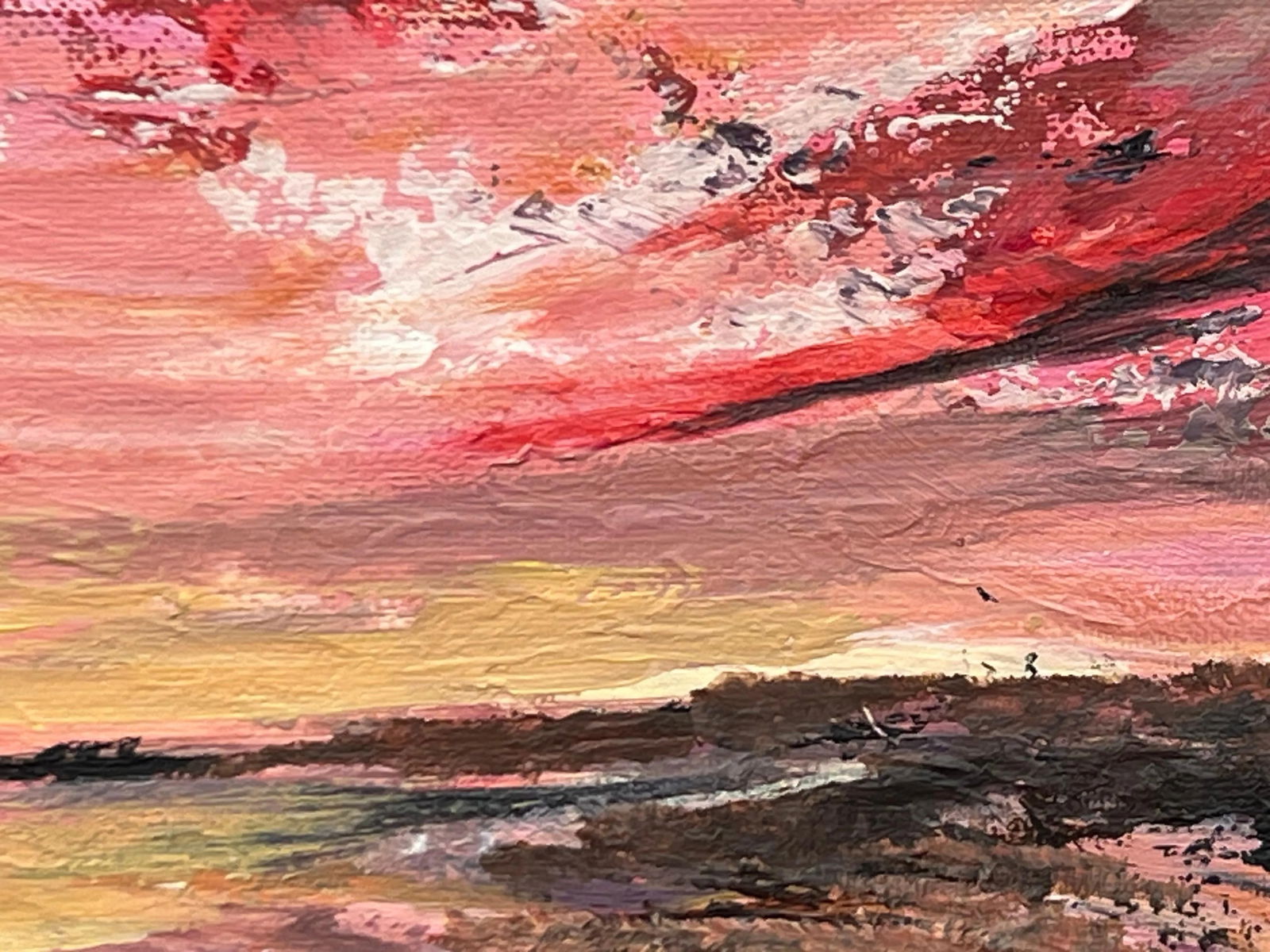 Impasto Abstract Landscape Seascape Framed Painting With Pink Red Black & Golden Yellow, 2024 - 12