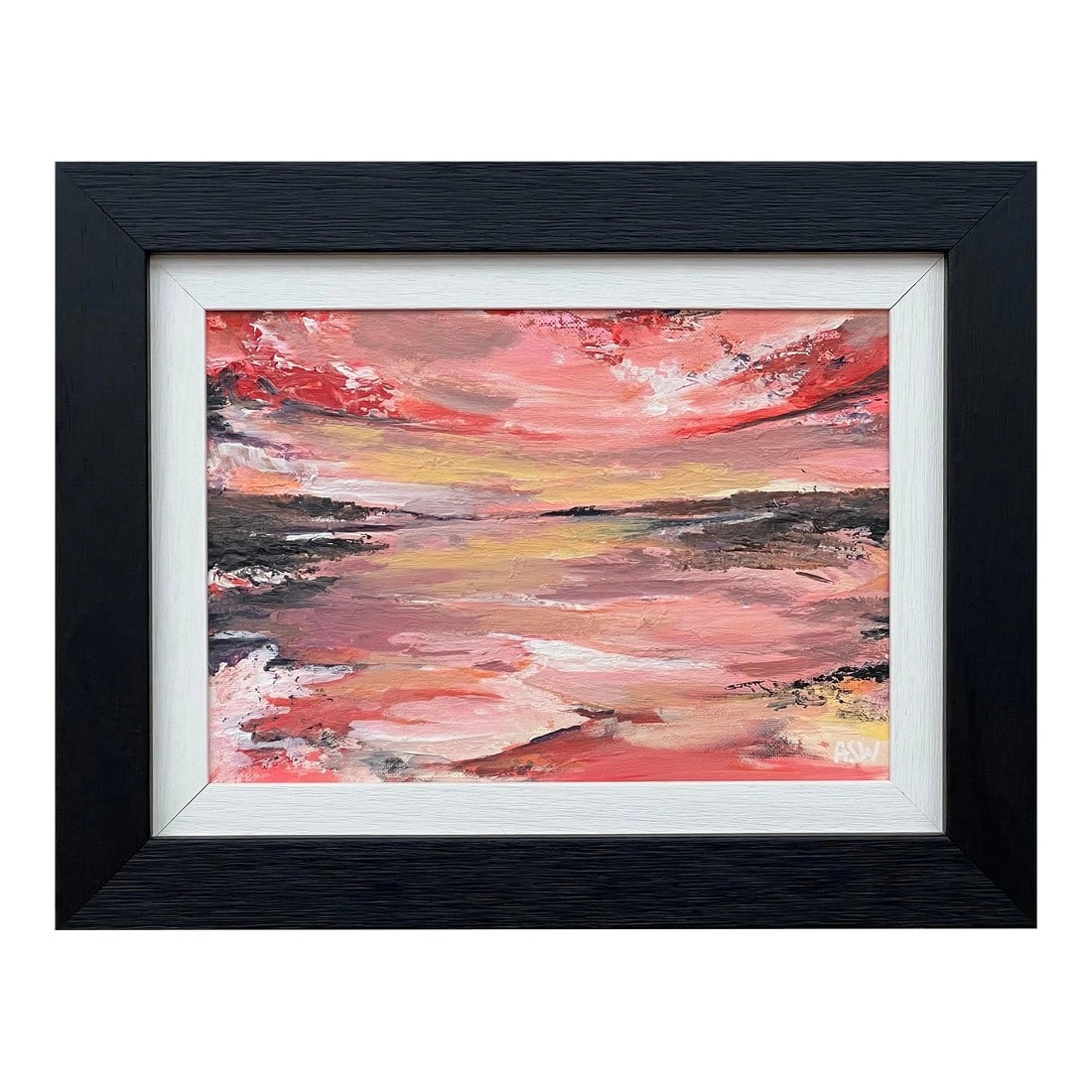 Impasto Abstract Landscape Seascape Framed Painting With Pink Red Black & Golden Yellow, 2024 (1 of 12)