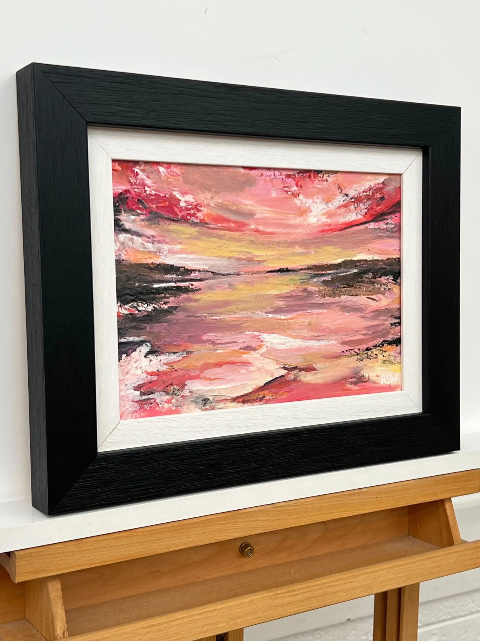 Impasto Abstract Landscape Seascape Framed Painting With Pink Red Black & Golden Yellow, 2024 - 2