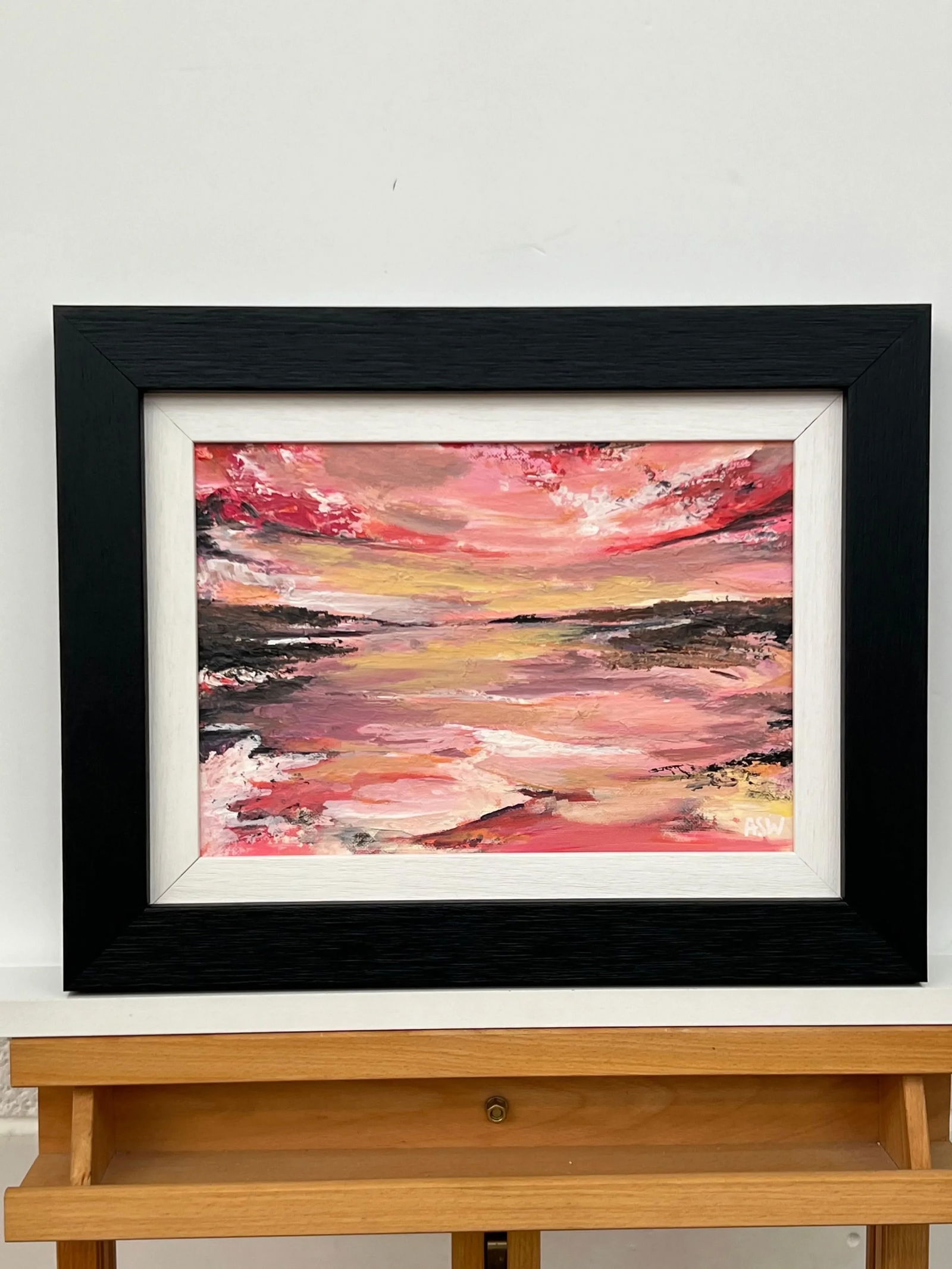 Impasto Abstract Landscape Seascape Framed Painting With Pink Red Black & Golden Yellow, 2024 - 3