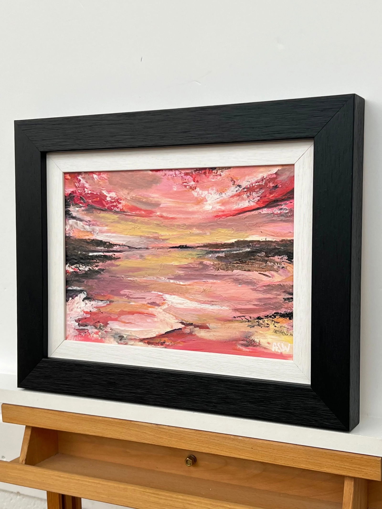 Impasto Abstract Landscape Seascape Framed Painting With Pink Red Black & Golden Yellow, 2024 - 4