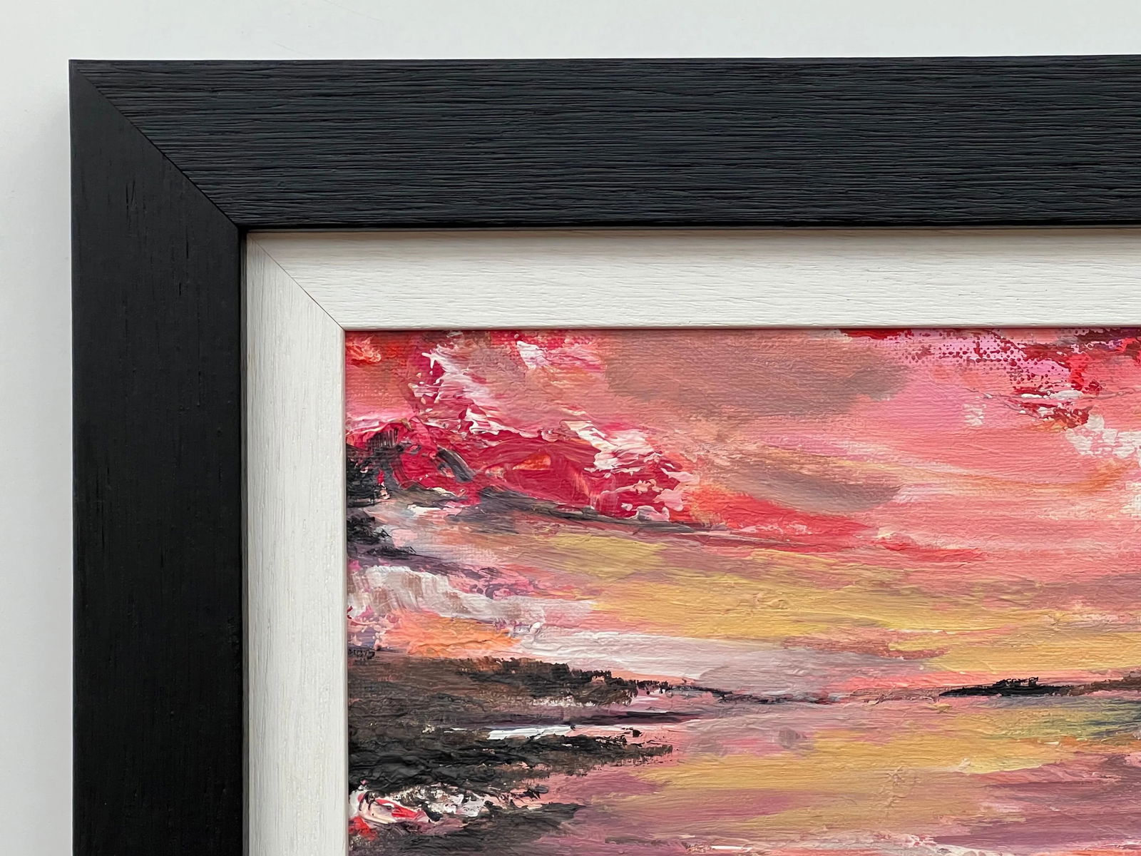 Impasto Abstract Landscape Seascape Framed Painting With Pink Red Black & Golden Yellow, 2024 - 6