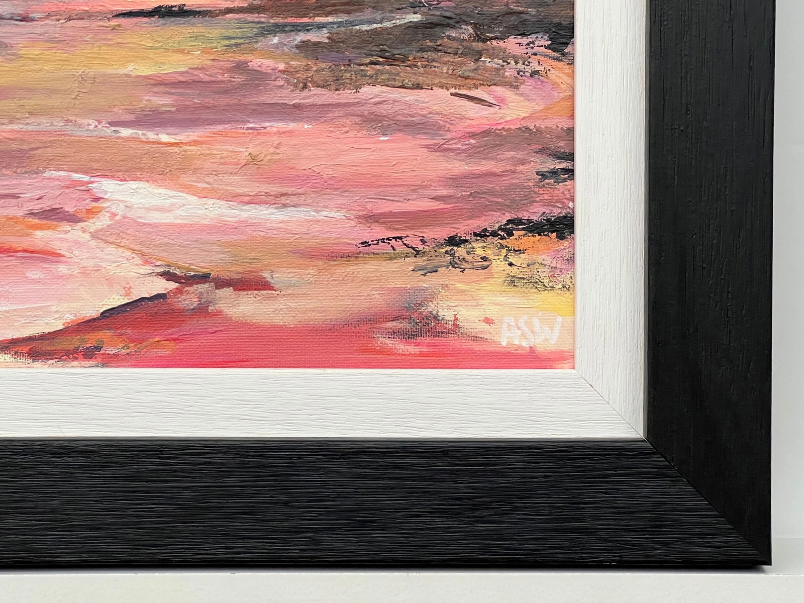 Impasto Abstract Landscape Seascape Framed Painting With Pink Red Black & Golden Yellow, 2024 - 8
